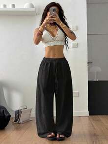 Women's 100% Cotton Washed White Trousers With A Curved Hem, Minimalist Basic Style, Perfect For Summer Country Concerts, Going Out, The Beach, And Bohemian Vacations. Women's Clothing For Autumn. - 黑色 - 查看 7