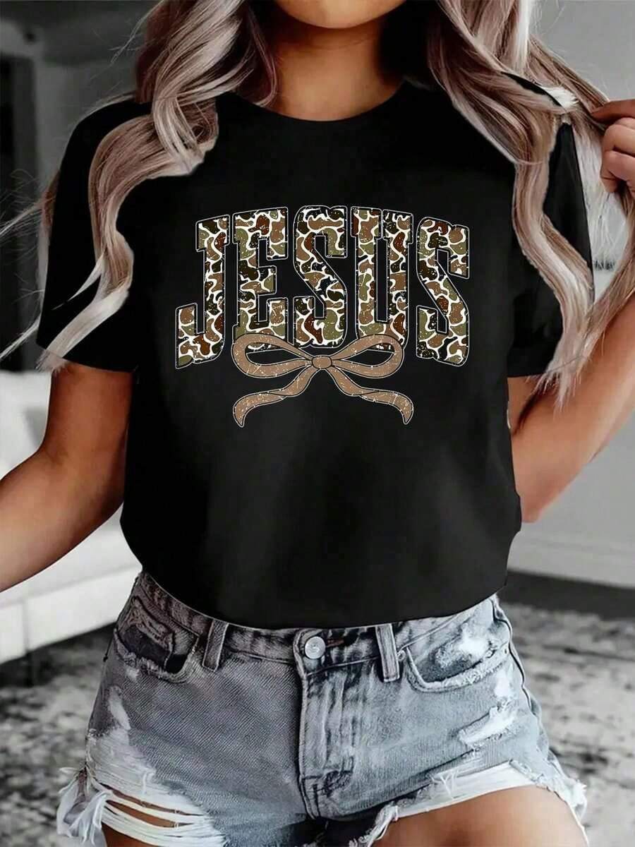 1 Pieza Camiseta Casual de Moda para Hombres y Mujeres 100% Algodón con Estampado de Camuflaje, Lazo Coqueta, Jesús, Dios, Religioso, Camiseta de Manga Corta con Cuello Redondo, Cómoda, para Primavera y Verano, Ropa de Mujer Versátil, fácil de combinar, adecuada para uso diario, estilo urbano, conjuntos de vacaciones, conjuntos de fin de semana. - Negro - Ver 1