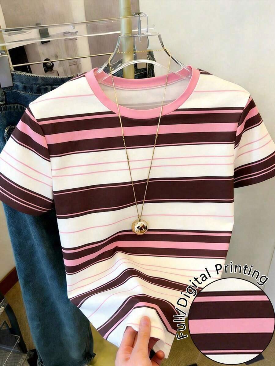 Camiseta de manga corta de verano con cuello redondo, estampado de cereza y rayas, de estilo casual para mujer - Multicolor - Ver 1