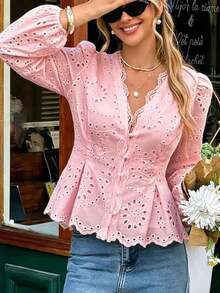 Blusa negra bordada con ribete de encaje, botón de seta, cintura fruncida, forrada, manga larga con puño elástico, versátil para uso diario, casual, apropiada para trabajo, playa, vacaciones, primavera/verano/otoño - Rosa - Ver 4