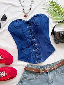 Top corto de suede sexy con lazo, remaches y diseño deconstructivo, adecuado para vacaciones, citas, té de la tarde, vacaciones, festivales de música, estilo bohemio, cruceros, playa, verano - Azul - Ver 7
