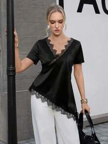 Women's T-Shirt With Ruffled Collar And Lace, Elegant And Fashionable, Suitable For Valentine's Day, Weddings, Holidays, Casual Outings, Parties, With An Asymmetrical Hem And Stretchy Fabric - 黑色 - 查看 4