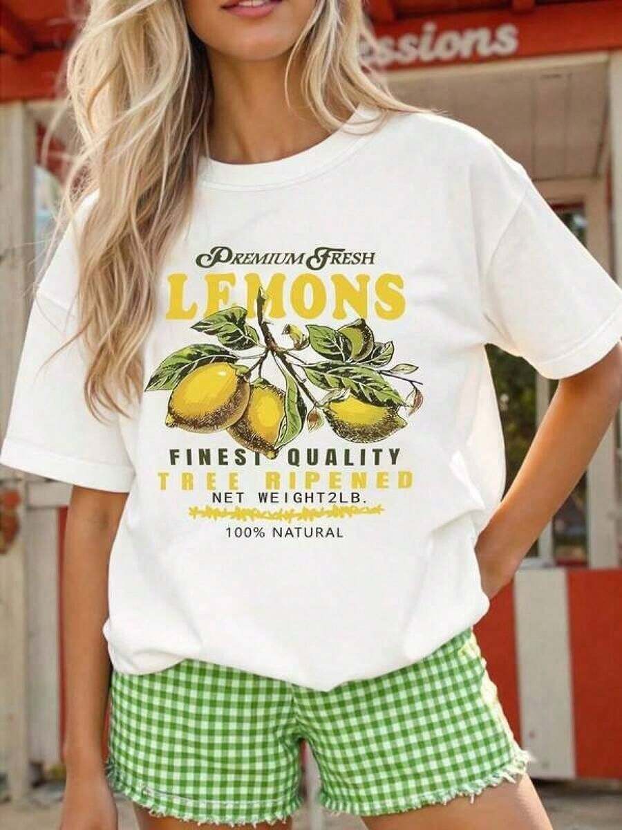 Women's Casual T-Shirt, Vacation Clothes, Printed T-Shirt, New Summer Style 2026, Fashionable Personalized Casual T-Shirt With Simple Letter Print And Fresh Lemon Pattern For Women, Retro Summer T-Shirt 100% Cotton With Fun Pattern For Vacation, Summer Sets For Women, Blouses, Summer Blouses, Graphic T-Shirts, White Blouses 100% Cotton, Durable - 白色 - 查看 1