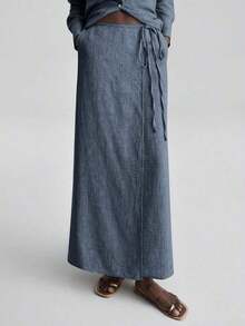 Ontre 2026SS New Summer Women's 2-Piece Set, Woven Fabric, Comfortable Woven Material, Button Design Shirt And Side Tie Waist Skirt, Women's Shirt, Women's Skirt, Independence Day, Urban Chic, Minimalist Fashion Commuter, Wedding Guest Attire, Holiday Outfit, Women's Office Wear, Minimalist Elegant, Teacher's Outfit, Tea Party Casual, Loose Daily Women's Bestseller Solid Color, Back To School Light Vacation Style, Everyday Wear, Fashionable Versatile Women's 2-Piece Set - 藍色 - 查看 7