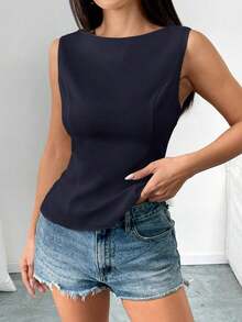 Camisa tipo camisola ajustada sin mangas con espalda abierta y lazo, unicolor.Elegante, informal, sexy y minimalista para oficina y negocio.Primavera/Verano - Azul marino - Ver 7