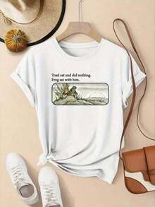 New Women's Summer Casual T-Shirt, Round Neck, Frog And Toad Design, Sweet And Soft Style, Slim Fit, Short Sleeve, Urban Vintage Style, Unisex, Cotton, Short Sleeve, Round Neck - 白色 - 查看 6