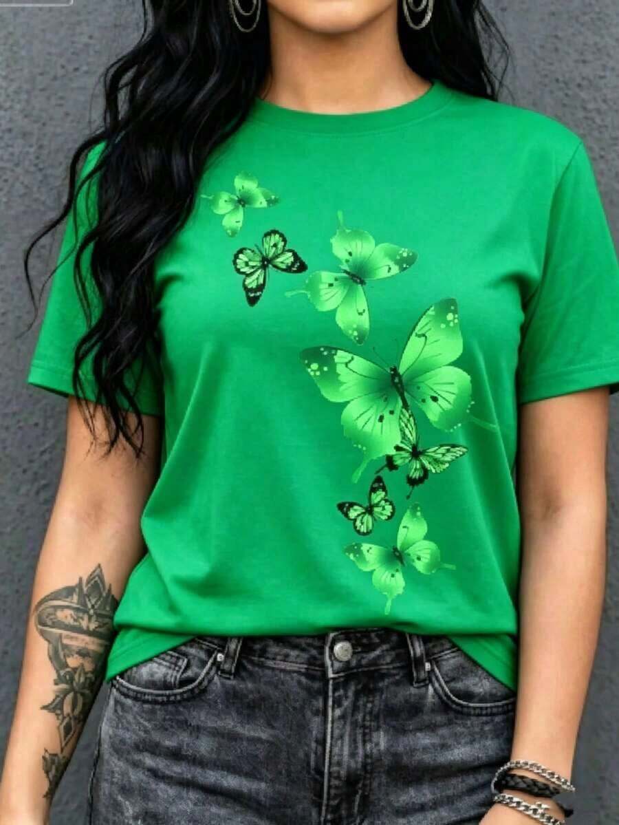 Women's-fashionCamiseta playera blusa gráfica estampada mujer dama básica manga corta cuello redondo estampado mariposa mariposas insecto flores flor floral primavera verano uso diario día noche casual corte regular cómoda fresca ligera moderna juvenil colegio escuela calle casaNew loose and versatile top - Verde - Ver 1