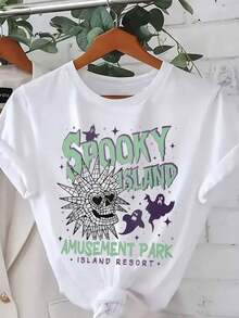 1 Piece Of Graphic Print T-Shirt, Short Sleeve, Round Neck, Casual Top For Summer And Spring, Women's Clothing, 180g, 100% Cotton. - 白色 - 查看 1