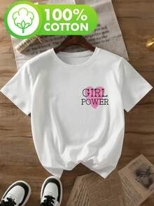 Women's T-Shirt With The Slogan "GIRL POWER" And A Heart. Retro, Youthful Style Inspired By Internet Celebrities. Short-Sleeved Women's T-Shirt, 100% Pure Cotton, With A Round Neck And Print. Soft, Comfortable, And Casual. Available In Multiple Colors For Spring, Summer, And Fall. A Great Gift Option. Women's T-Shirts. - 白色 - 查看 7