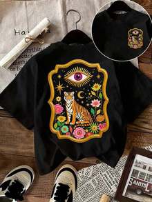 Camiseta casual de mujer, Camiseta de arte de tigre misterioso - Camiseta surrealista, Camiseta de tigre rosa y dorado para verano(Sweet and refreshing, for teenagers, unisex) - Negro - Ver 4