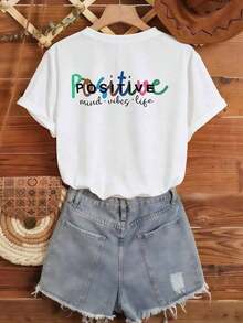 short sleeves1 pieza de camiseta gráfica con frases motivadoras para mujer, estilo Casual Wear Top, 180g, 100% algodón, los diseños están impresos. Unisexo.Ocio - Blanco - Ver 2