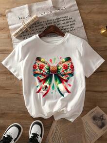 Camiseta de Talla Grande para Mujer con Estampado Floral y Lazo de la Bandera Mexicana - Top Casual de Cuello Redondo y Manga Corta Vibrante, Transpirable para Verano y Primavera, Lavable a Máquina, Camisa Mexicana, Diseño Festivo, Fácil Mantenimiento, Estilo Celebratorio - Blanco - Ver 6