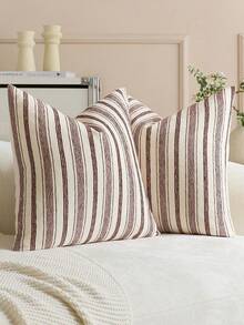 1pc Iron Red Striped Throw Pillow Cover (Pillow Insert Not Included), Modern Stylish Soft Chenille & Faux Linen Blended Dual-Color Striped Comfortable Cushion Cover, Suitable For Home Sofa, Bedroom, Decor, All Seasons - Redwood - View 5