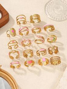 4/6/12/16pcs Stainless Steel 18K Gold Plated Mixed Pattern Rings Set, High Quality Resin Inlaid, Adjustable Size, Assorted Shapes, Suitable For Women Daily Decoration Or Gift - Yellow Gold - View 2