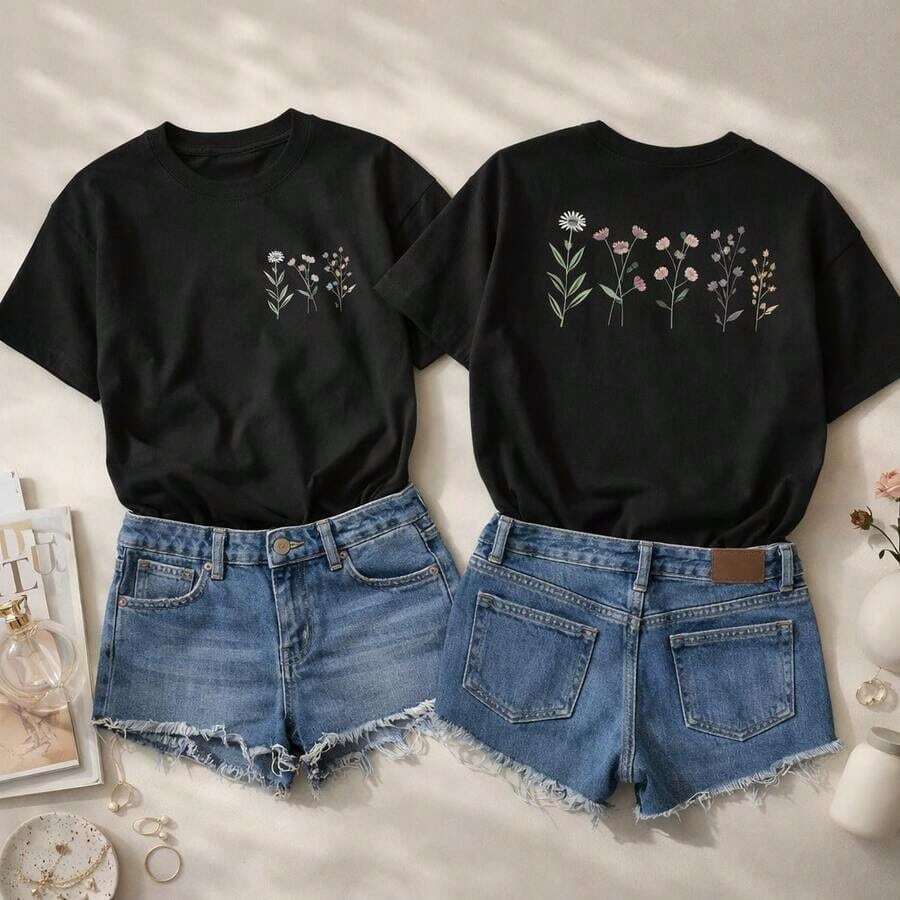 Camiseta de algodón de manga corta para mujer, talla grande, con estampado floral pequeño y conjunto de shorts de mezclilla; 1 pieza. Camiseta Blanca para Mujer con Estampado Floral Pequeño y Conjunto de Shorts de Mezclilla para Uso Diario, Regalos de Cumpleaños, Regalos de Halloween, o como Camiseta Conmemorativa para Amigos o Seres Queridos, También Adecuada como Sudadera, Entrega Rápida, 100% Algodón - Negro - Ver 1