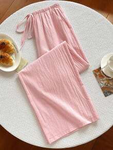 Pantalones sólidos de mujer con nudo, pantalones casuales sueltos, pantalones a rayas, pantalones de vacaciones, pantalones anchos de verano para mujer, pantalones anchos de mujer, pantalones de verano de mujer, pantalones de mujer - Rosa 2 - Ver 5