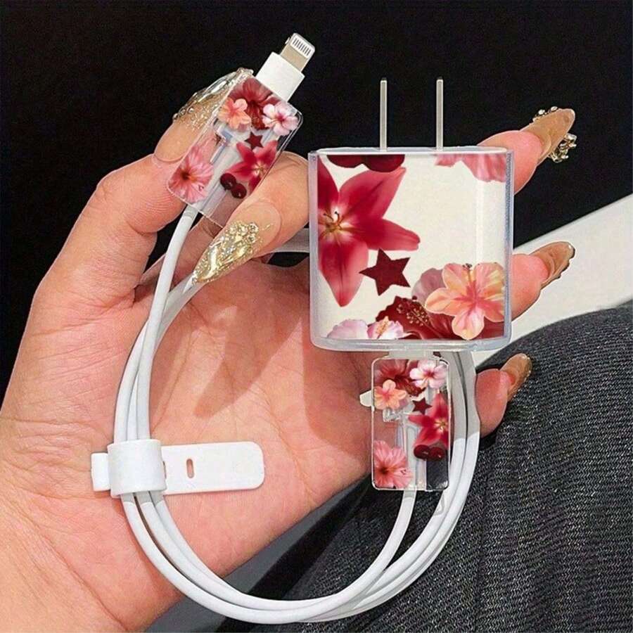 3 قطع مجموعة غطاء حماية بتصميم زهور للشاحن والكابل، متوافقة مع هواتف Apple 18-20W ، منظم كابل مضاد للكسر - متعدد الألوان - مشاهدة 1