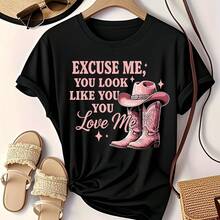 Women's T-Shirt With 'Sorry' Cowboy Hat Print - Casual Crew Neck Short Sleeve T-Shirt, Pink Western Style With Playful Graphic Design, Women's T-Shirts - 黑色 - 查看 1