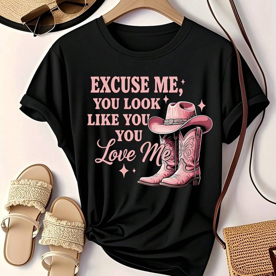Women's T-Shirt With 'Sorry' Cowboy Hat Print - Casual Crew Neck Short Sleeve T-Shirt, Pink Western Style With Playful Graphic Design, Women's T-Shirts - 黑色 - 查看 1