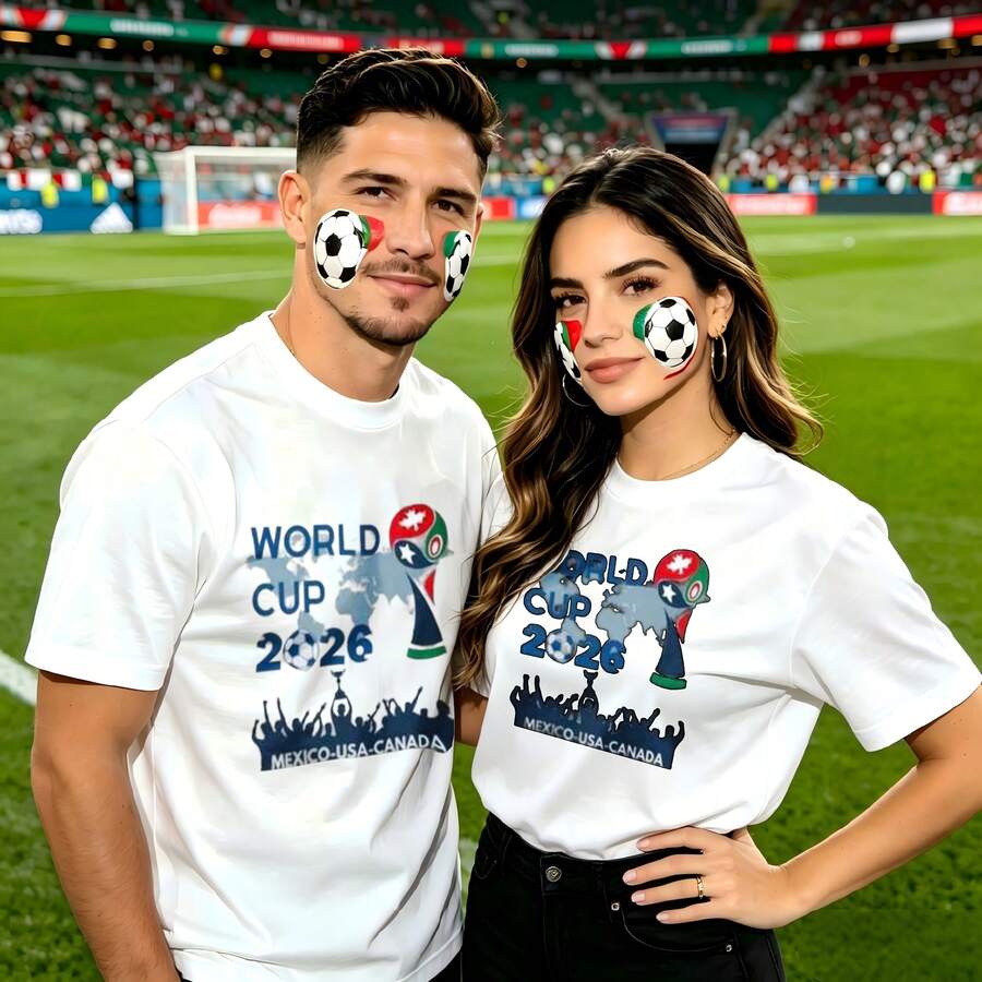 Couple Football Pattern T-Shirt, 100% Cotton, Loose Fitting, Soft And Breathable, Casual Round Neck Short Sleeved Top World Cup 2026 Mexico Usa Canada Printed Patterns, Dating, Leisure Travel, Gatherings, Simple Cartoon Printing Style, High Cost-Effectiveness Suitable For Watching Live Sports Games, - 白色 - 查看 1