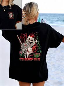 Santa With A Mysterious Smile Holds A Chainsaw Next To A Festive Tree And Gifts, Showing A Contrast Between Humor And Christmas Energy. Women's T-Shirt With Double-Sided Print, Casual, Modern Style. - 黑色 - 查看 8