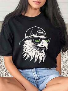 1 Piece Women's T-Shirt With Lips And Sugar Print For Valentine's Day, Casual, Round Neck, Short Sleeve, Soft And Comfortable, 220g/180g, 100% Cotton - Black 1 - 查看 10