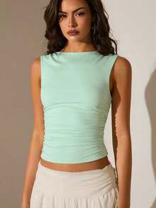 Camiseta de tirantes ajustada con cuello de tripulación y pliegues de unicolor de verano para mujer - Verde - Ver 5
