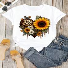 Sunflower Leopard Heart Graphic T-Shirt, 100% Cotton Oversized Soft Breathable Casual Crewneck Short Sleeve Top, Summer Vibes Aesthetic Tee For Women & Nature Lovers - 白色 - 查看 12