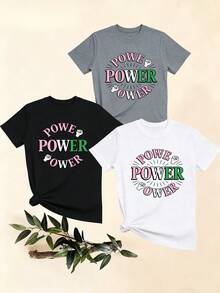 Women's T-Shirts, Women's T-Shirts, Casual One-Piece T-Shirt For Women With Repeated Power Letter Print And Cuff Design, Comfortable, Breathable, Fashionable And Versatile. - 1件黑色隨機圖案 - 查看 1