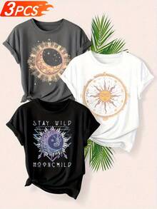 Women's T-Shirts, Women's T-Shirts, Women's Casual One-Piece T-Shirt, Round Neck, Medium Elasticity Fabric, Star Print, Suitable For All Seasons, Sizes S-XXXL. - 1件黑色隨機圖案 - 查看 6