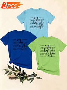Women's T-Shirts, Women's T-Shirts, Casual One-Piece T-Shirt For Women With Inspirational Text Print, Comfortable, Modern And Versatile Round Neck Short Sleeve Top. - 1件黑色隨機圖案 - 查看 6