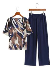 Conjunto de 2 piezas: Blusa de manga corta con cuello redondo y estampado total y pantalones para mujer en verano - Multicolor 6 - Ver 2