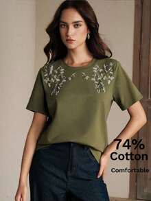 Elegante Blusa Corta de Manga Corta con Bordado de Cuentas 3D, 74% Algodón, para Primavera/Verano - Verde - Ver 9