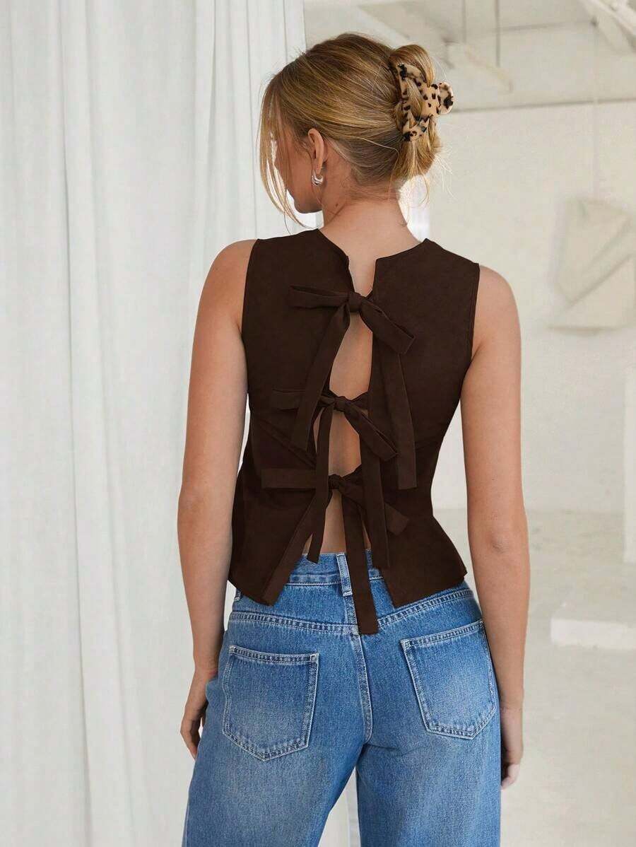 1 pieza Blusa elegante sin mangas de unicolor con espalda descubierta y lazo - Café integral - Ver 1