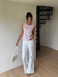 1 pieza Blusa elegante sin mangas de unicolor con espalda descubierta y lazo - Rosa Pálido - Ver 4