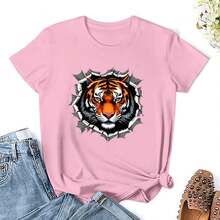 Women's Cotton Graphic T-Shirt, Casual T-Shirt With Ripped Tiger Face - 粉紅色系 - 查看 3