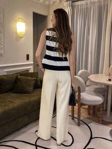 Blusa ajustada de punto con cuello redondo, botones metálicos asimétricos y bajo asimétrico con abertura frontal, estilo minimalista francés, de rayas blancas y negras, versátil de punto acanalado, para uso diario, vacaciones, primavera/verano/ot - Blanco y Negro - Ver 3