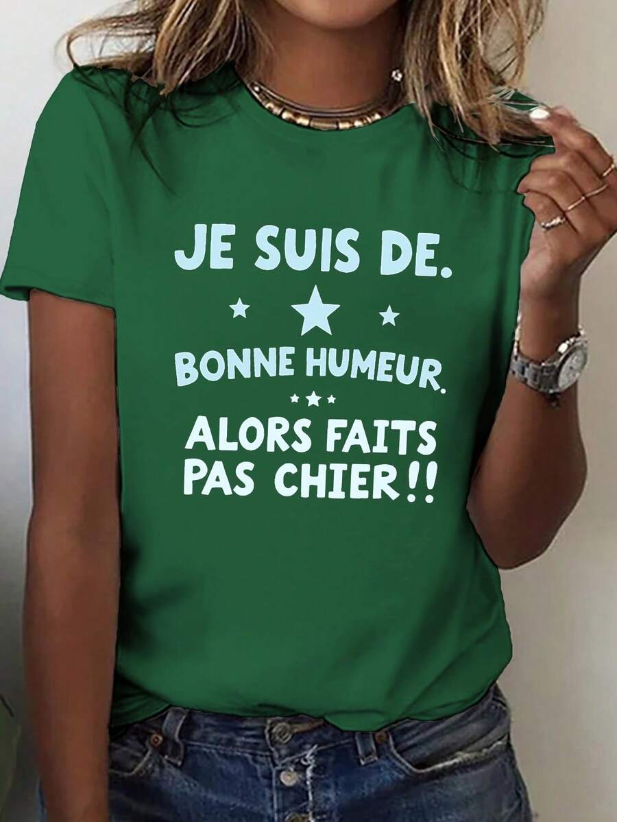 Camiseta 'I Am from Print', Manga Corta y Cuello Redondo, Top Casual para Verano y Primavera, Ropa de Mujer - Verde - Ver 1
