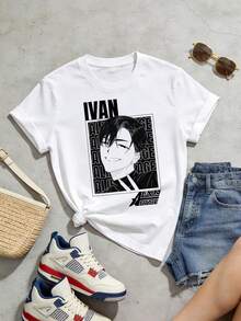 Women's Summer Clothes, Casual Soft Cotton T-Shirt With Round Neck, Cartoon Print With The Letter Ivan. - 白色 - View 2