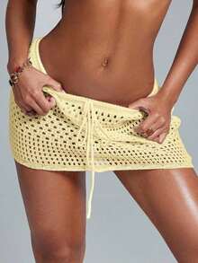 Swim Lushoire Falda pareo con dobladillo ondulado para la playa, con patrón geométrico perforado y floral - Amarillo claro - Ver 4