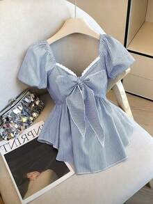 Nueva llegada Blusa casual de uso diario para mujer con diseño minimalista, cuello cuadrado, lazo en la cintura y rayas azul francés y blancas - Azul y blanco - Ver 3