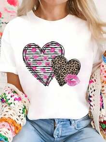 Women's White T-Shirt With Leopard Heart And Pink Lips Graphic, Aesthetic Striped And Kisses Tee, Modern Valentine's Day Top, Fashionable Casual Blouse With Creative Print - 白色的 - 查看 6