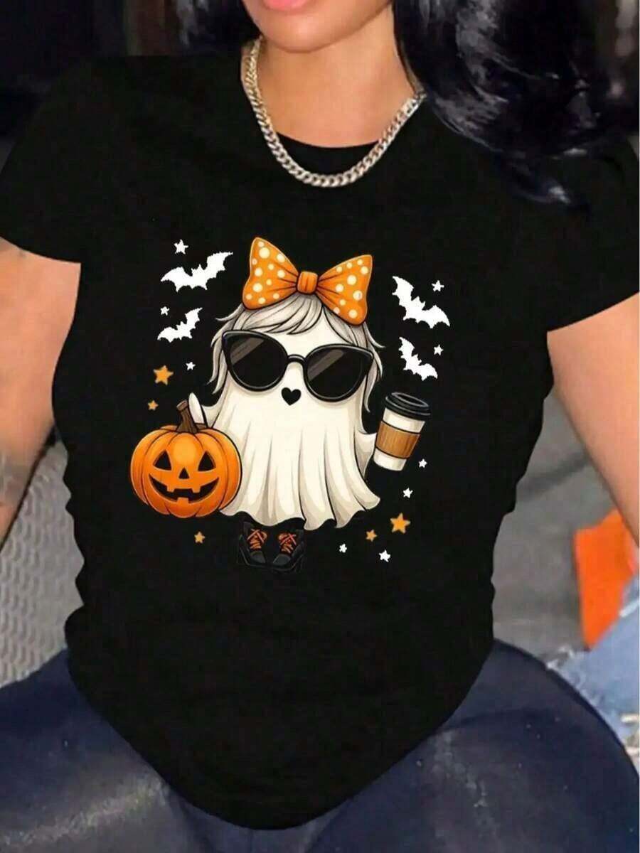 Women's Casual Short Sleeve Halloween T-Shirt, 1 Piece, 100% Heavy Cotton - Comfortable Round Neck, Soft And Adorable Loose And Comfortable T-Shirts - 黑色 - 查看 1