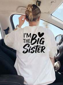 Women's Casual T-Shirt With "I'm A Big Sister" Print - Loose Fit, Short Sleeves, Crew Neck, Machine Washable, White With Black Text Design, Durable Fabric For Weekend Wear, Soft Material, Classic Style With Print - 白色的 - 查看 3