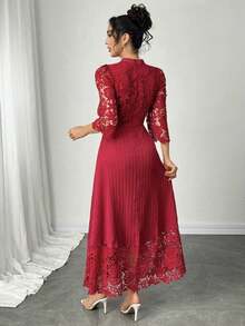 Vestido largo de manga larga con parches de bordado de ojal amarillo para mujeres - Burdeos - Ver 7