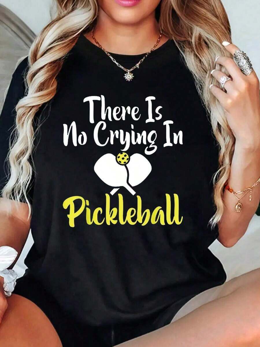 Women's Plus Size T-Shirt With Fun Pickleball Print - Quote "Crying Is Useless" - Soft Crew Neck T-Shirt - Lightweight 180gsm Casual T-Shirt - Pickleball Player, Everyday Wear - Comfortable Fit For All Seasons, Women's T-Shirt, Fan Clothing, Relaxed Design, Comfortable Fit, Summer Clothing, Design, Breathable Material, Short Sleeve Top, Women - 黑色 - 查看 1