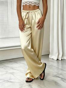 1pc Solid Color Drawstring Pocket Pants, Suitable For Home, Daily Wear, Holidays, Singles Party, Satin, All Seasons Spring - Yellow - View 6