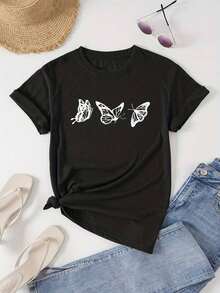 100% cotton Camiseta de Cuello Redondo con Estampado de Mariposa, Top Casual de Manga Corta para Primavera y Verano, Ropa de Mujer - Negro - Ver 1