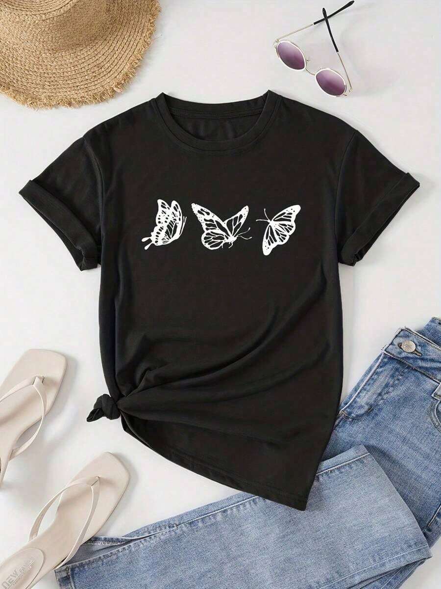 100% cotton Camiseta de Cuello Redondo con Estampado de Mariposa, Top Casual de Manga Corta para Primavera y Verano, Ropa de Mujer - Negro - Ver 1