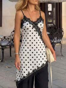 Vestido de tirantes elegante y vintage para mujer con diseño de parches de satén texturizado y encaje, adecuado para una cita en el Día de San Valentín, blanco verano - Blanco y Negro - Ver 5